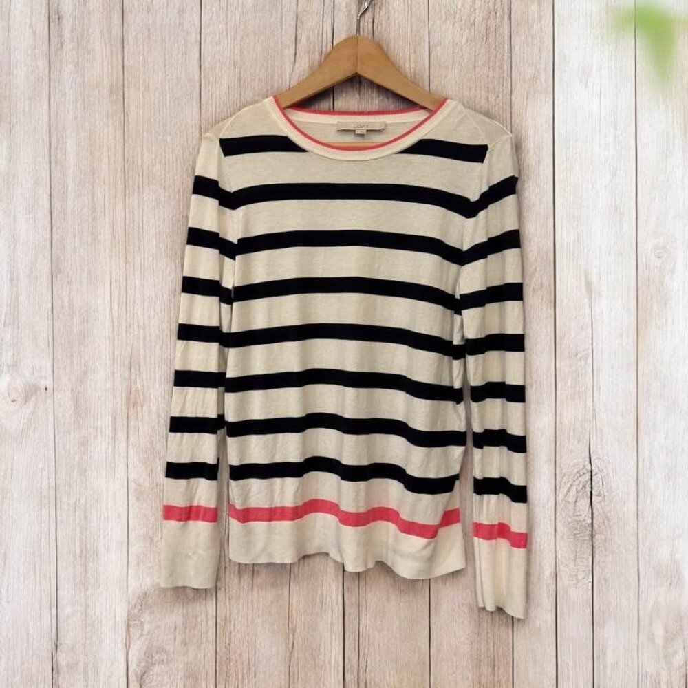 Women's Loft Long Sleeve Ivory with Navy Stripes and Pink Trim Knit Shirt-Size L - Picture 1 of 6
